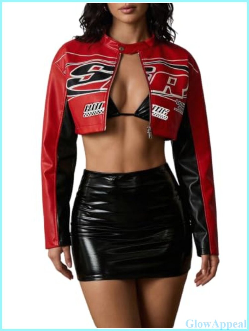 Women's Faux Leather Cropped Moto Jacket Letter Print Button Zip